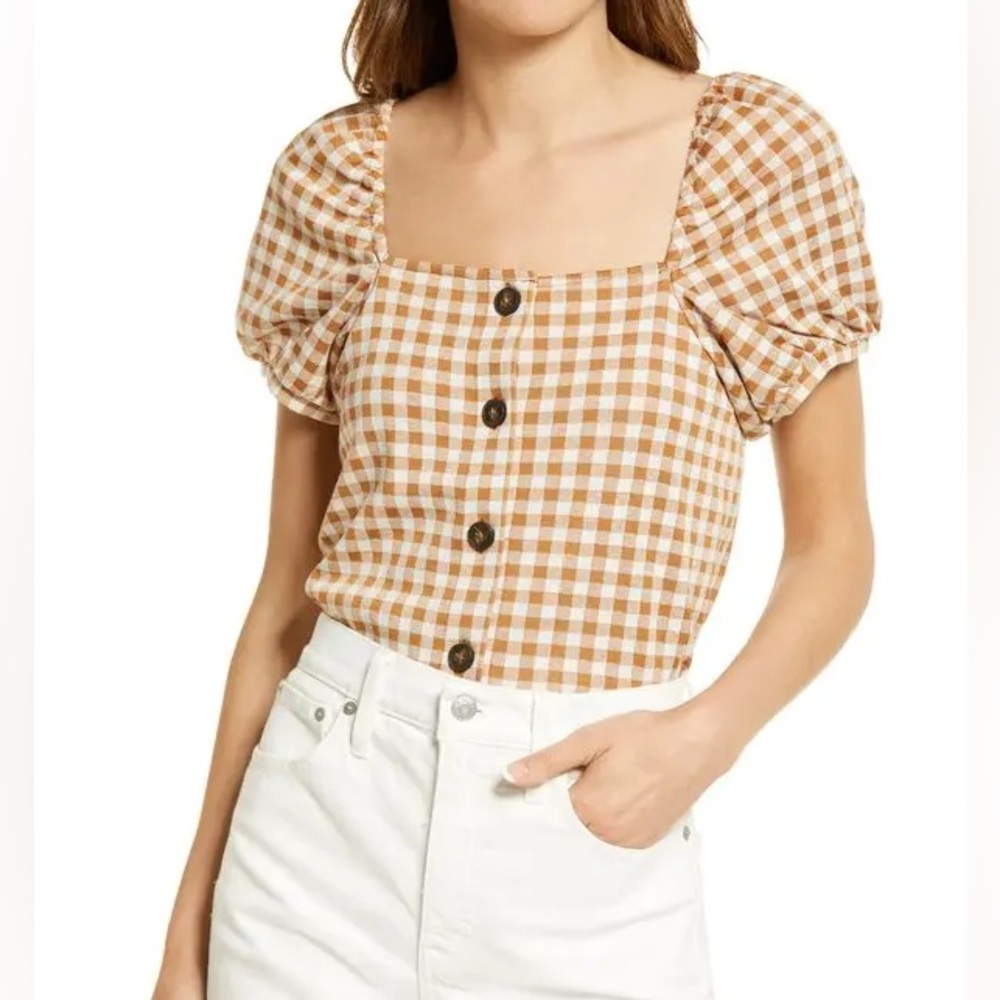 Madewell Gingham Jacquard Square Neck Puff Sleeve Women’s Top Size Large